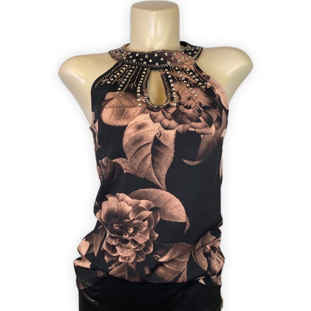 Black Floral Halter Top Beaded Neck Elegant Sleeveless Blouse XS
